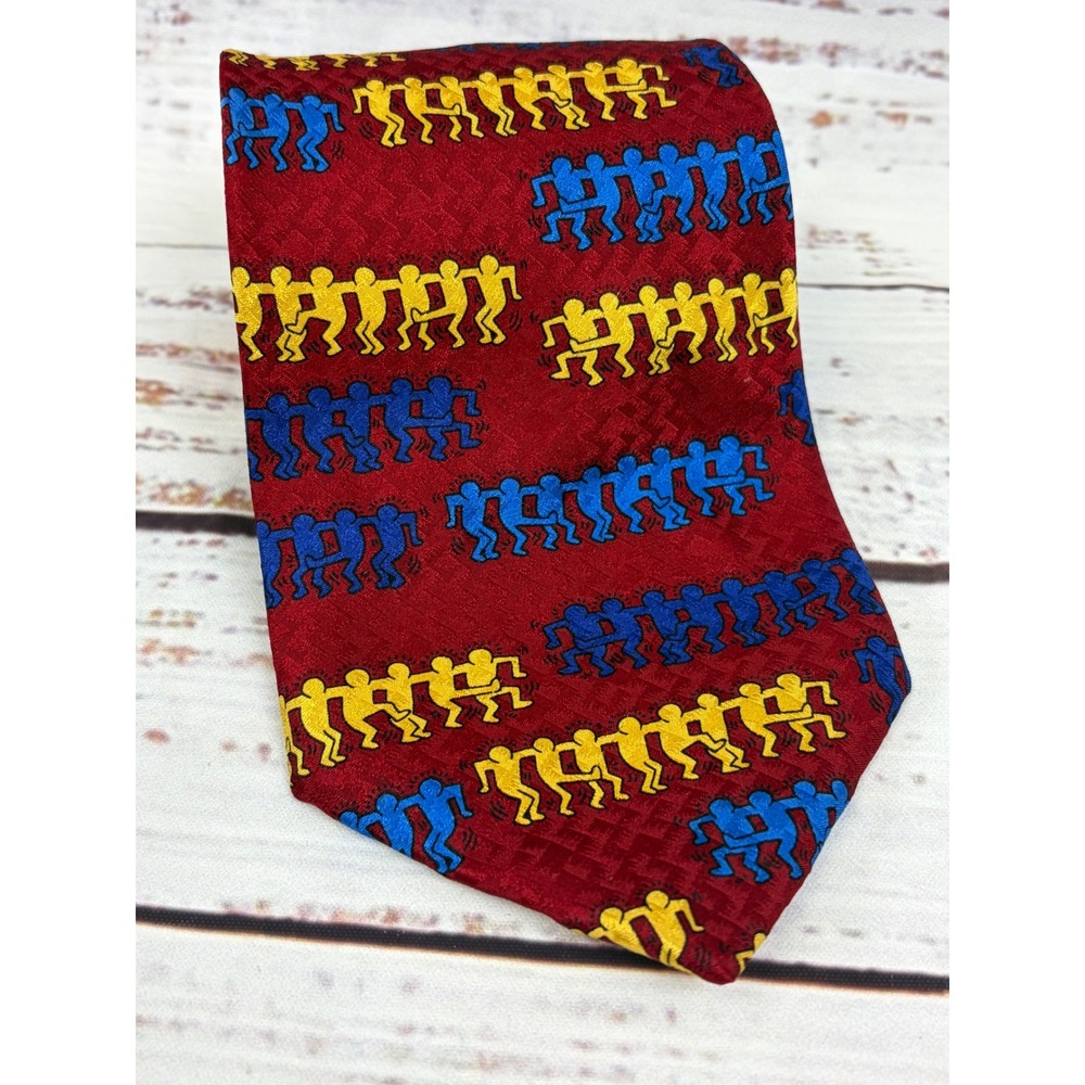 Keith Haring Estate Silk Tie Burgundy Red Dancing Man Pop Art Necktie VTG